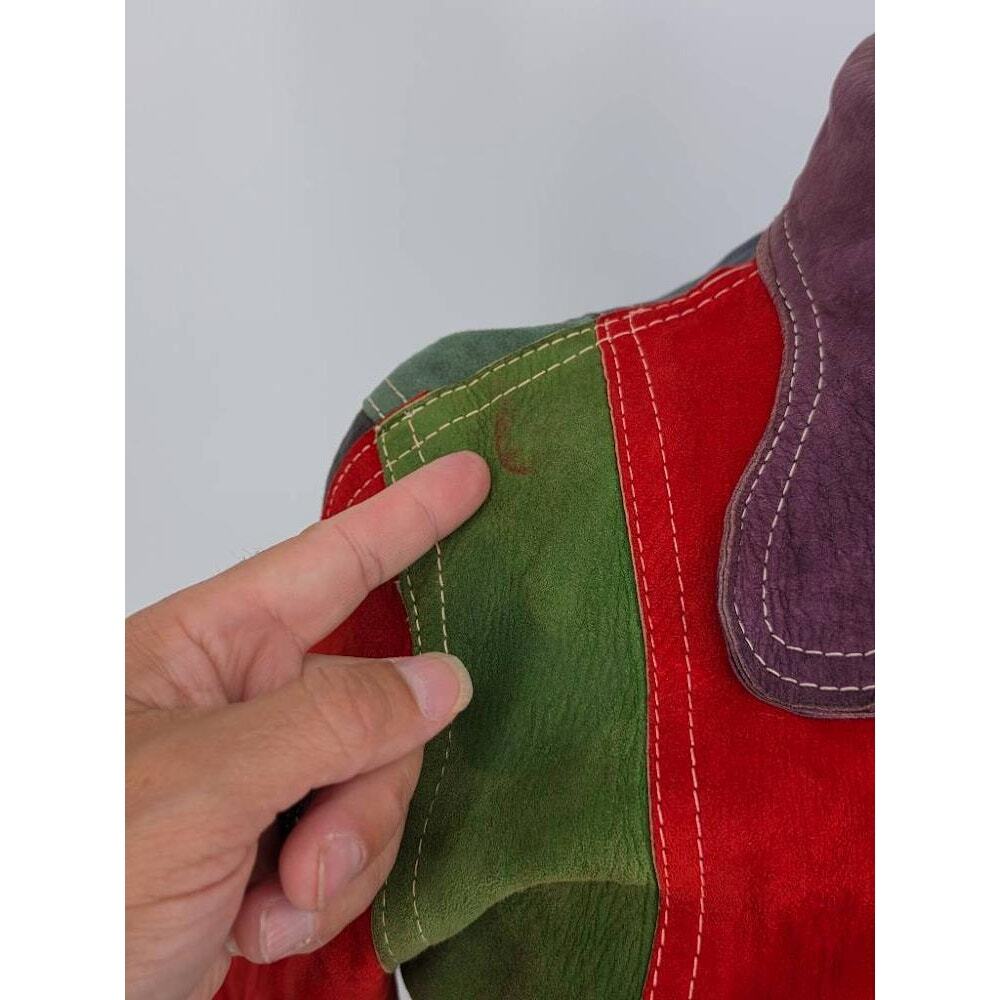 Vintage 70s Patchwork Suede Leather Trench Coat Colorblock Boho Jacket Small - Picture 7 of 8
